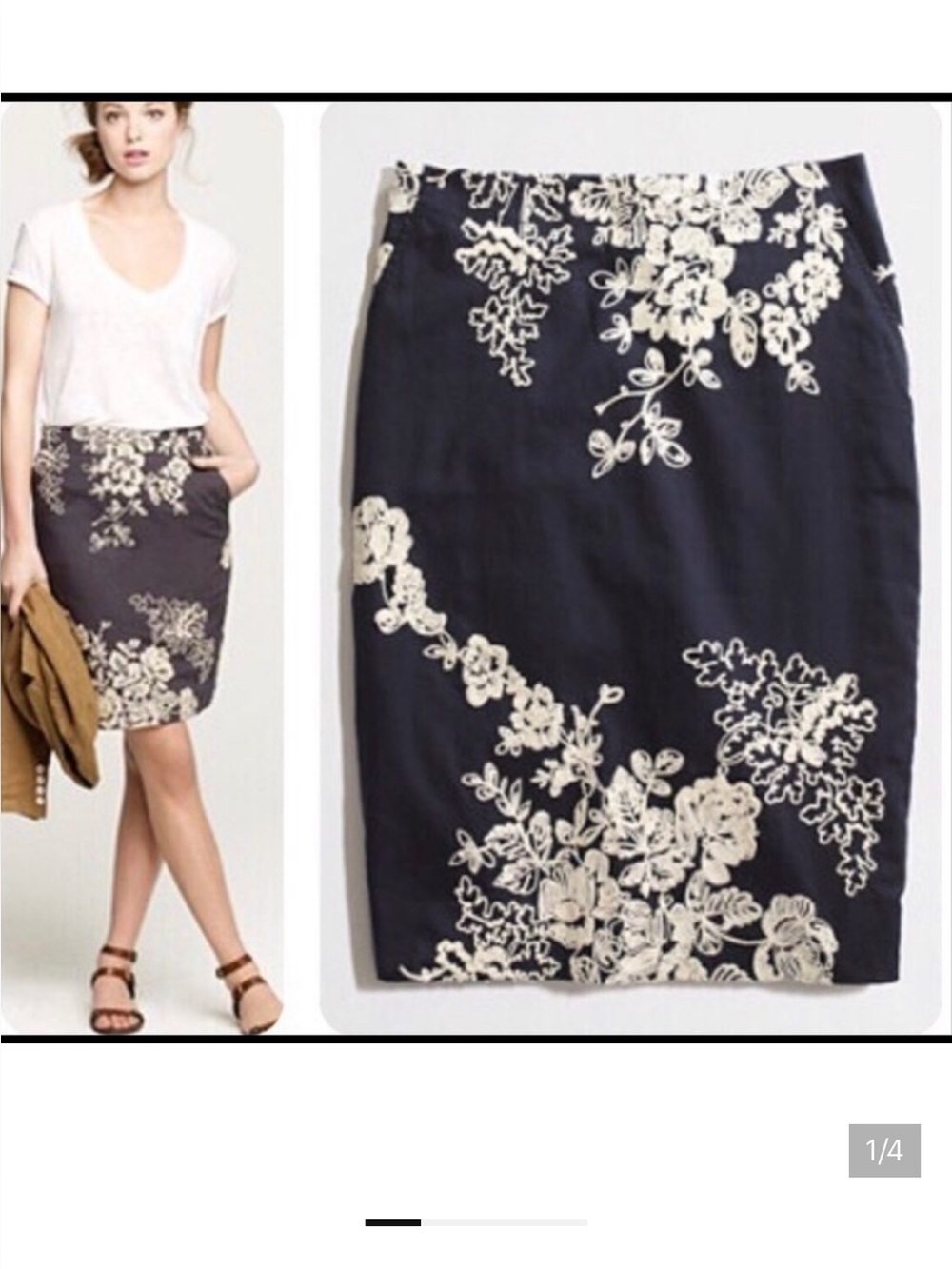 J crew the pencil skirt 100% cotton embroidered cream floral on blue pockets 8
